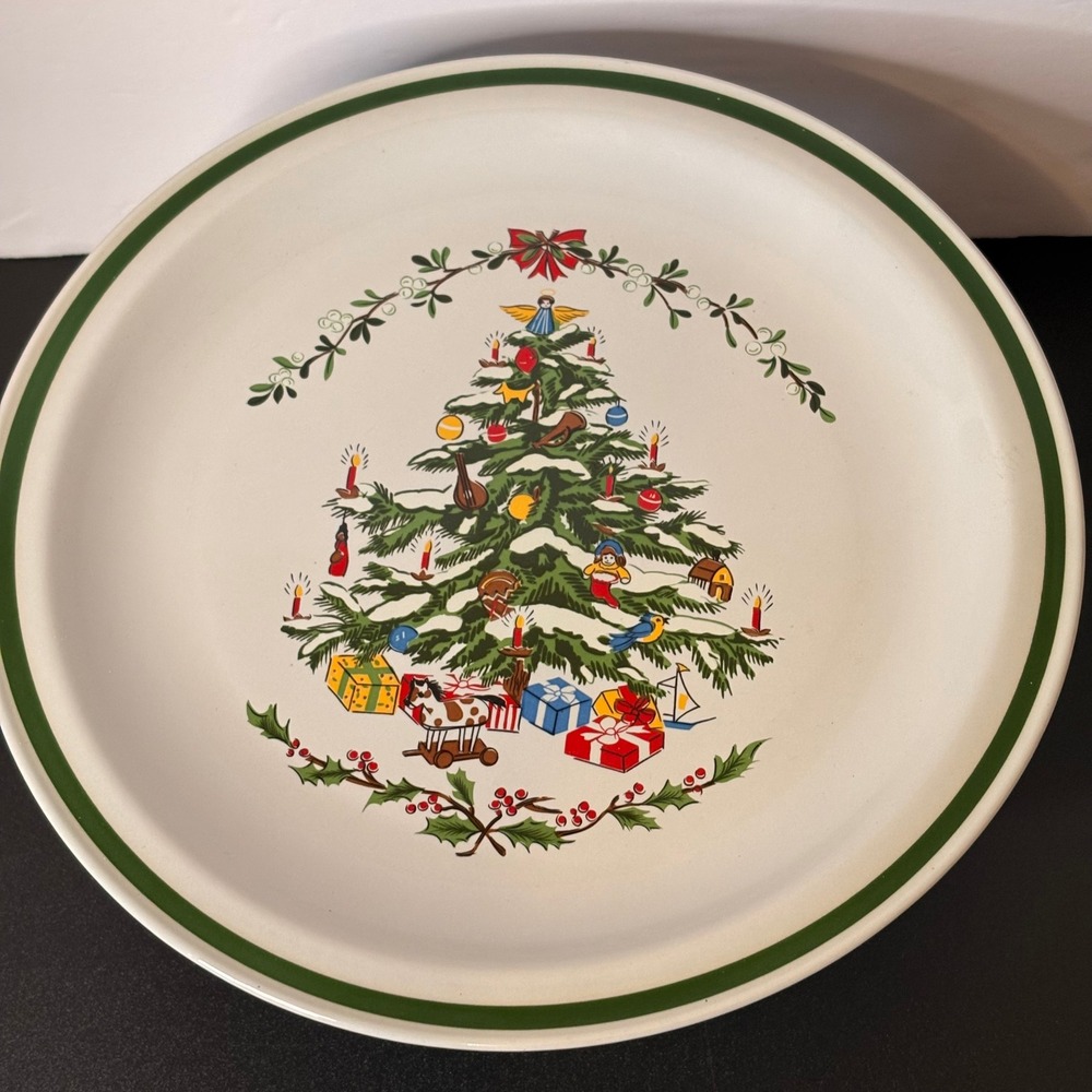 Vintage Christmas Tree Cake Stand 10.5in White Green Good Holiday Pedestal Japan